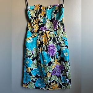 Jolie Strapless Floral Dress in Teal, Purple & Yellow